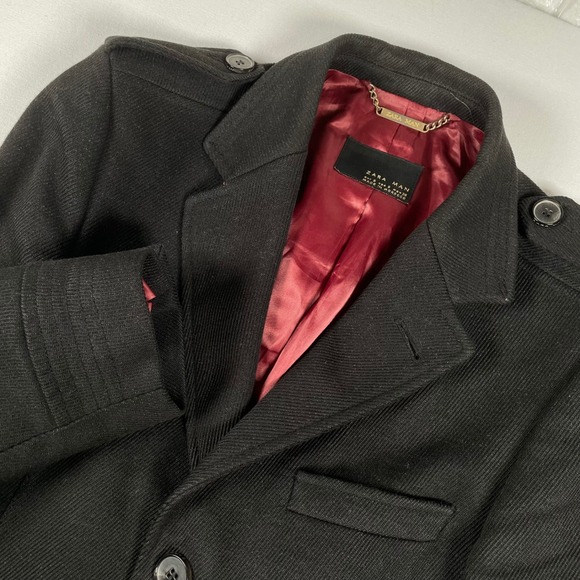 Zara Man Wool Blend Black Overcoat Military Style Mens Epaulettes Size S - Picture 1 of 8